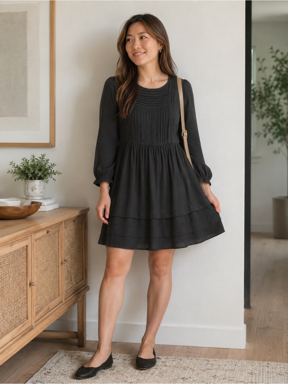 Ann Taylor Black Pintuck Lace-Detail Tiered Midi Dress